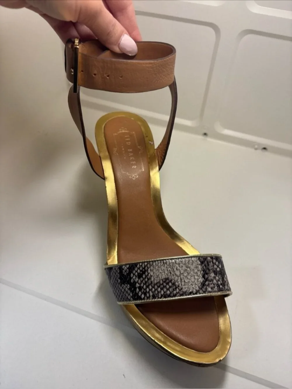 Ted Baker Gold-Platform Wedge with Brown Ankle Strap and Snake-Print Toe